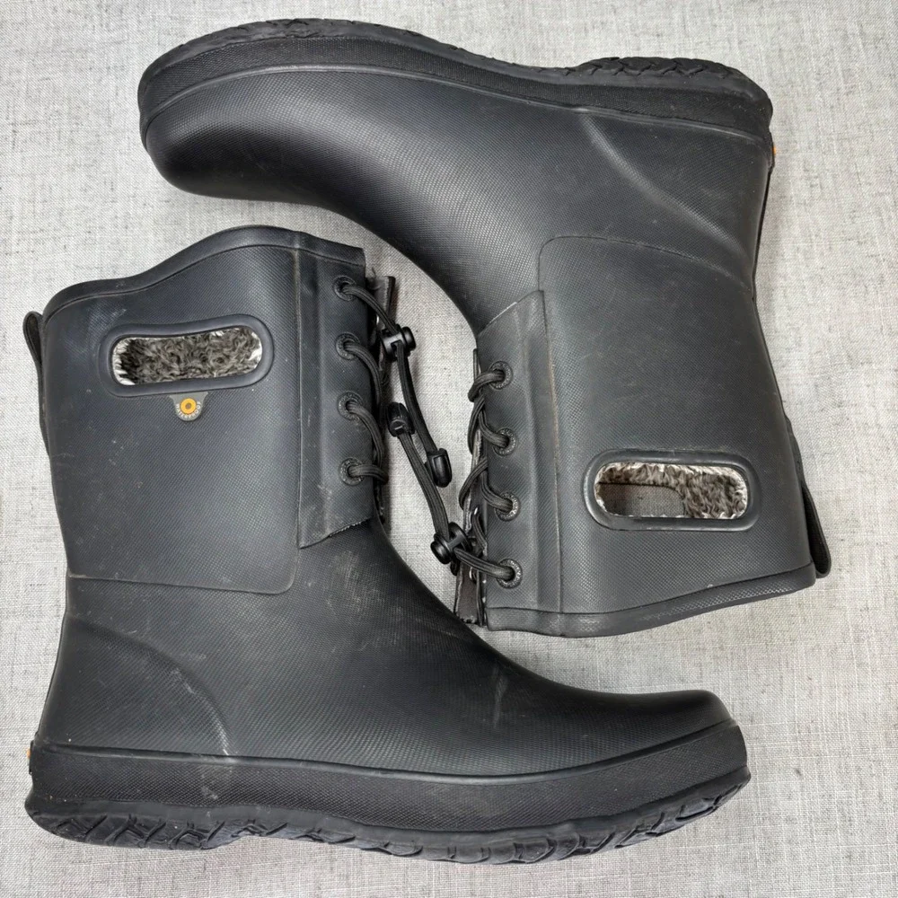 Bogs Amanda Plush II Black Rubber Waterproof Lined Rain Boots Pull On Big Kids 7